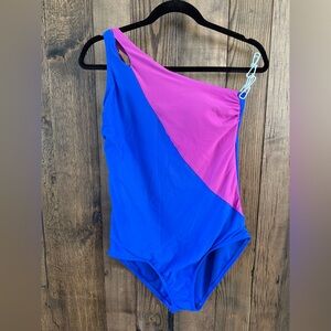 Lands’ End Colorblock One-Shoulder Swimsuit Size 14